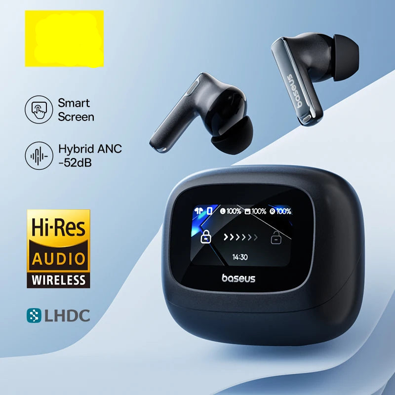 Baseus Bowie M2s Ultra Wireless Earphones Smart Screen 52dB Noise Cancelling Bluetooth 5.4 Headphones 3D Audio Spatial Earbuds