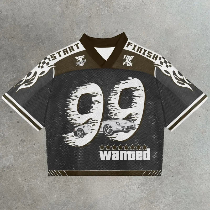 European and American trendy men T-shirts mesh short-sleeved quick-drying football jerseys retro streetwear V-neck loose tops