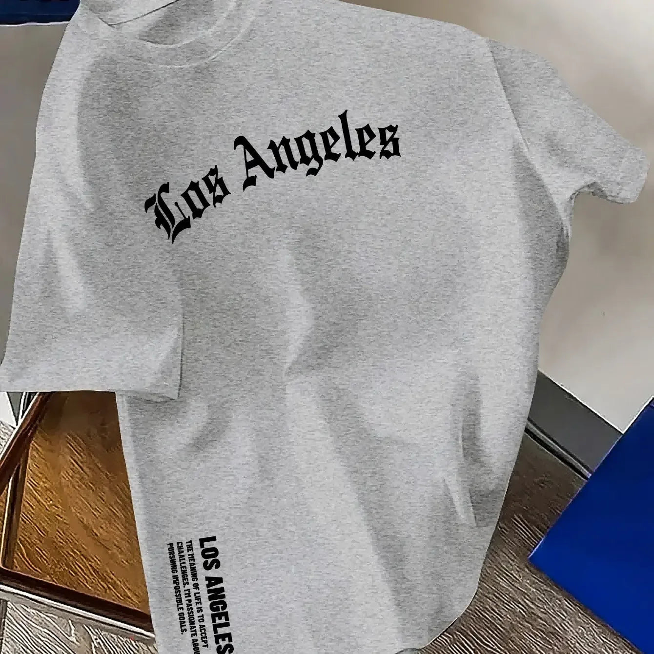 Los Angeles letter print men's summer 100% cotton fashion loose large size casual comfortable round neck short-sleeved top
