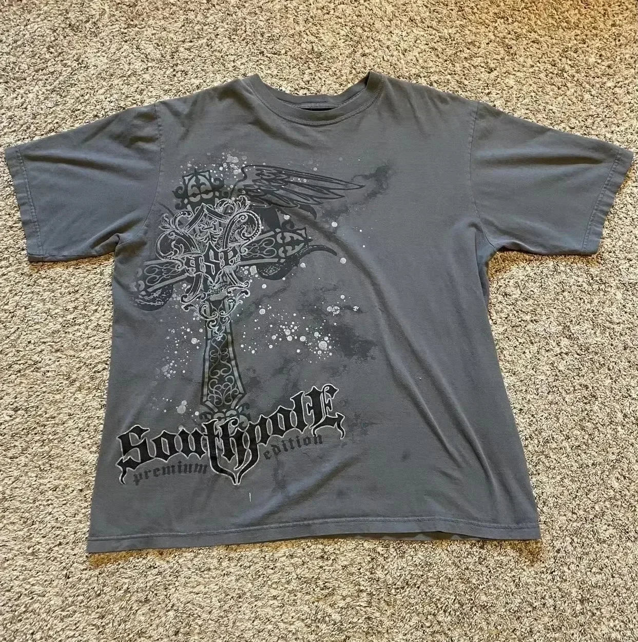 South pole Vintage Cotton Graphic Tee Distressed Oversized T-Shirt with Gothic Print