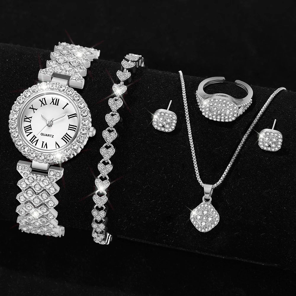 6PCS/SET Silver Women's Element Luxury Dial Quartz Watch Jewelry Set