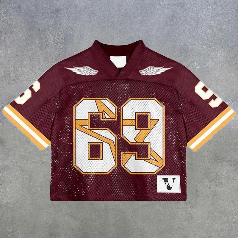 European and American trendy men T-shirts mesh short-sleeved quick-drying football jerseys retro streetwear V-neck loose tops