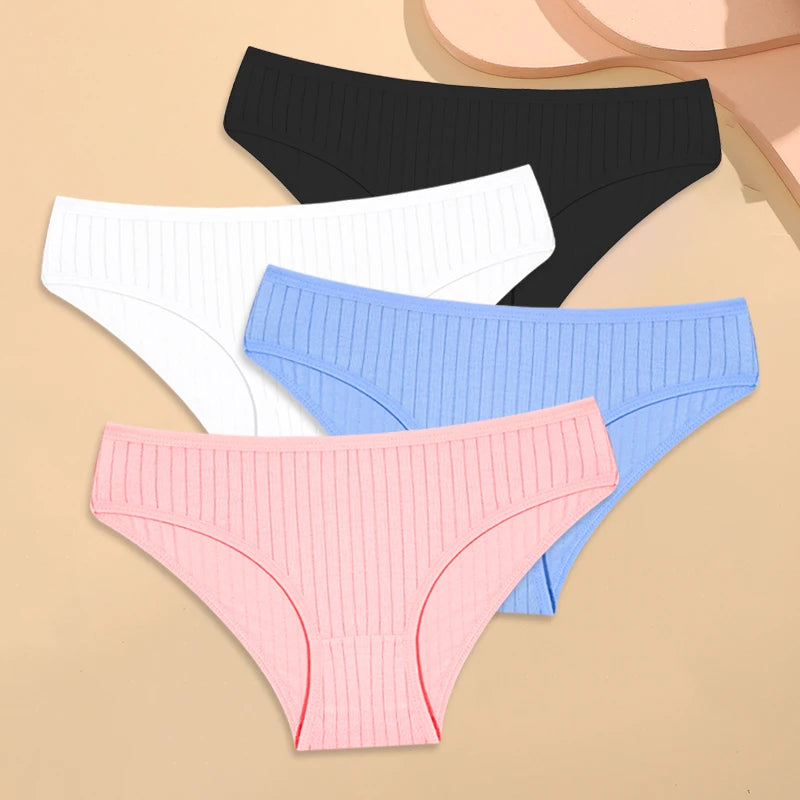 4PCS Cotton Women's Breathable Underwear Sexy Striped Panties Plus Size Low-Waist Briefs Female Comfortable Sport Lingerie S-XXL