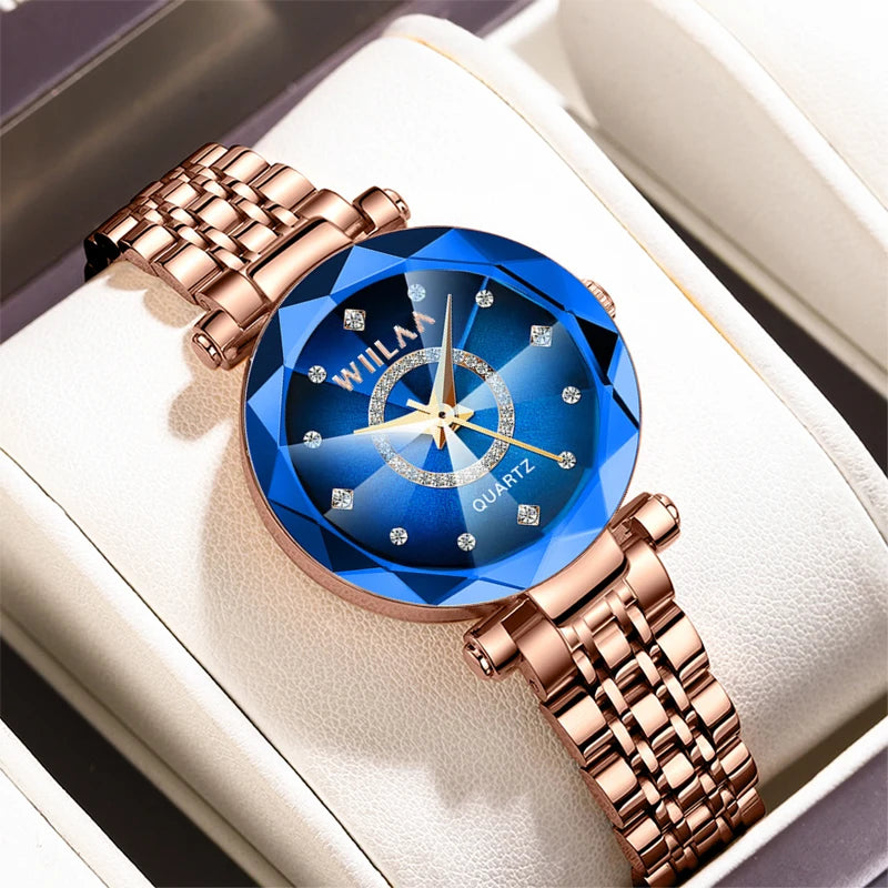 WIILAA Ocean Star Women Crystal Watch 2025 Top Brand Luxury Rose Gold Women Bracelet Wrist Watch For Ladies Relogio Feminino