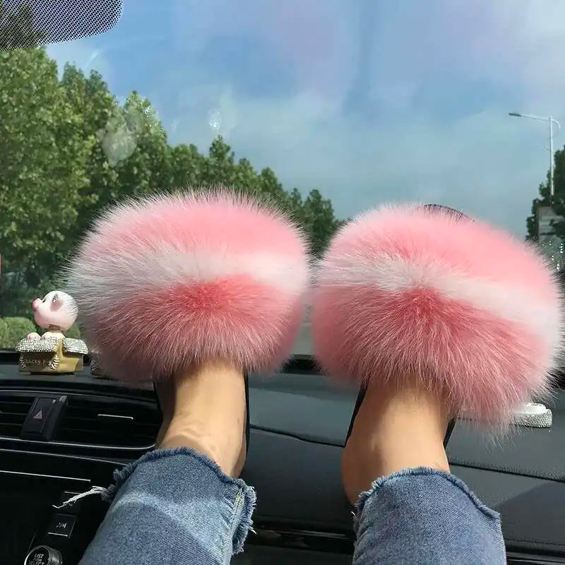 Fur Slippers Women Summer Fluffy Plush Casual Fluffy Flat Non-Slip Real Fox Fur Slides Outdoor Flat Ladies Sandals Flip Flops