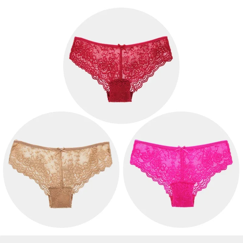 Fashion Sexy Full Lace Panties Transparent Women Briefs Female Hollow Out Low Cut Panty Breathable Bow Wholesale Underwear
