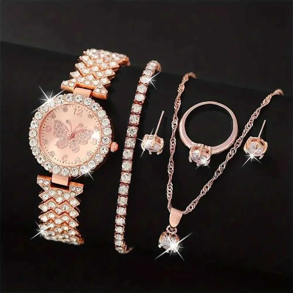 6 Piece Jewelry Set Rose Gold Luxury Watches Women Rings Necklace Earrings Rhinestone Fashion Watches Casual Women Watches