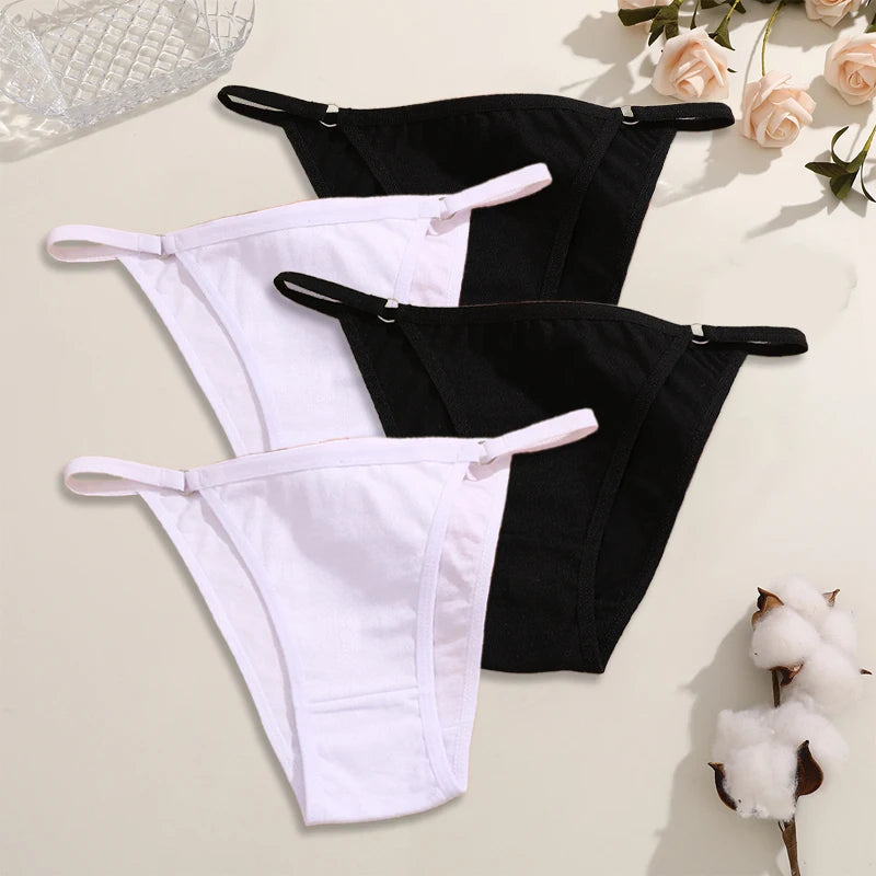 FINETOO 4Pcs Women's Cotton Panties Sexy Metal Ring Waist Underwear Solid Breathable Panties Ladies Soft Briefs Comfort Lingerie
