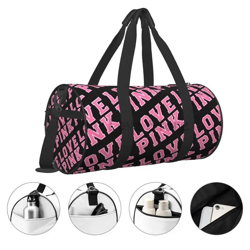 Love Pink Black Portable Sports Gym Yoga Bag Men Large Reusable Water-Resistant Oxford Handbag Vintage Travel Fitness Bag