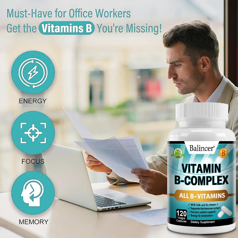 B Vitamins, Folic Acid & Vitamin C Supplement, Immune System Support, Nerve Health & Metabolism, Mood Support 120 Capsules