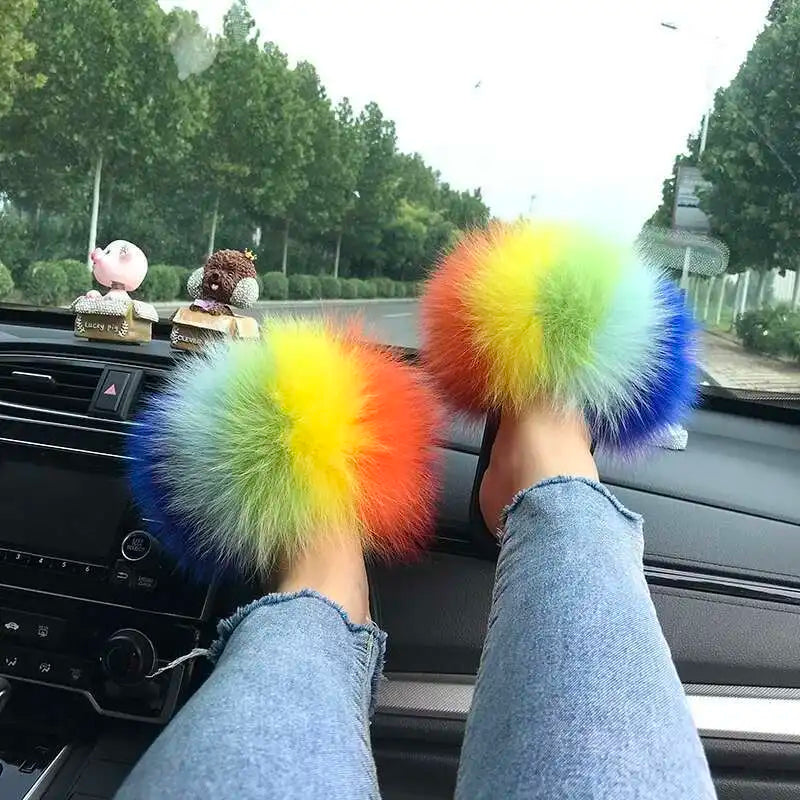 Fur Slippers Women Summer Fluffy Plush Casual Fluffy Flat Non-Slip Real Fox Fur Slides Outdoor Flat Ladies Sandals Flip Flops