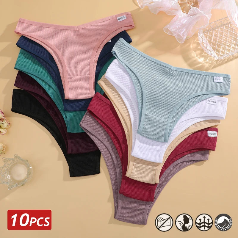10PCS/Set Waffle Cotton Panties for Women Sexy Low-Waist Brazilian Panties Female Soft Underwear T-Back Solid Lingerie Bikini