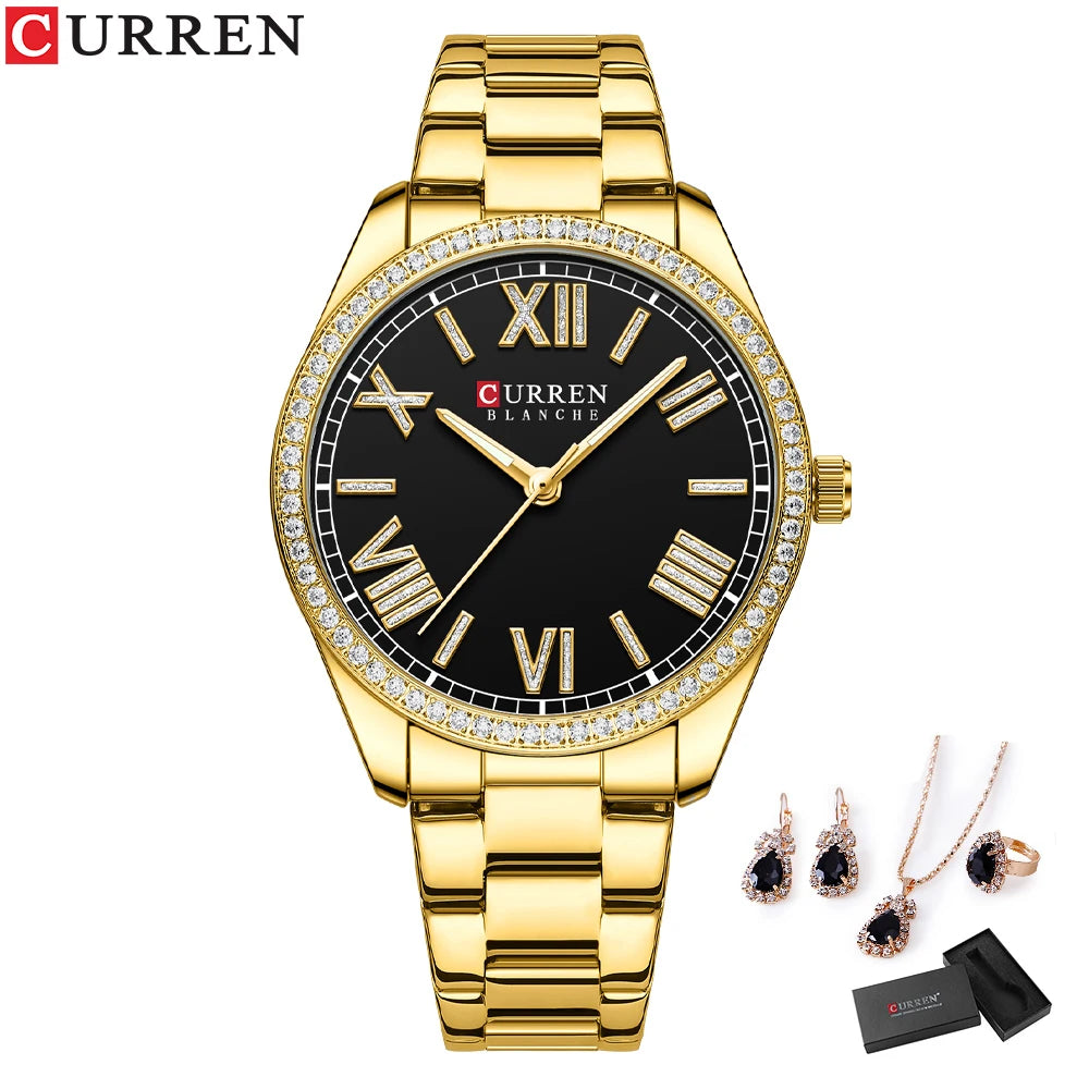CURREN Luxury Watch Women Ring Necklace Earrings Rhinestone Fashion Wristwatch Female Casual Ladies Watches Bracelet 5PCS Set