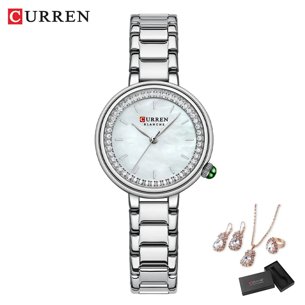 CURREN Luxury Watch Women Ring Necklace Earrings Rhinestone Fashion Wristwatch Female Casual Ladies Watches Bracelet 5PCS Set