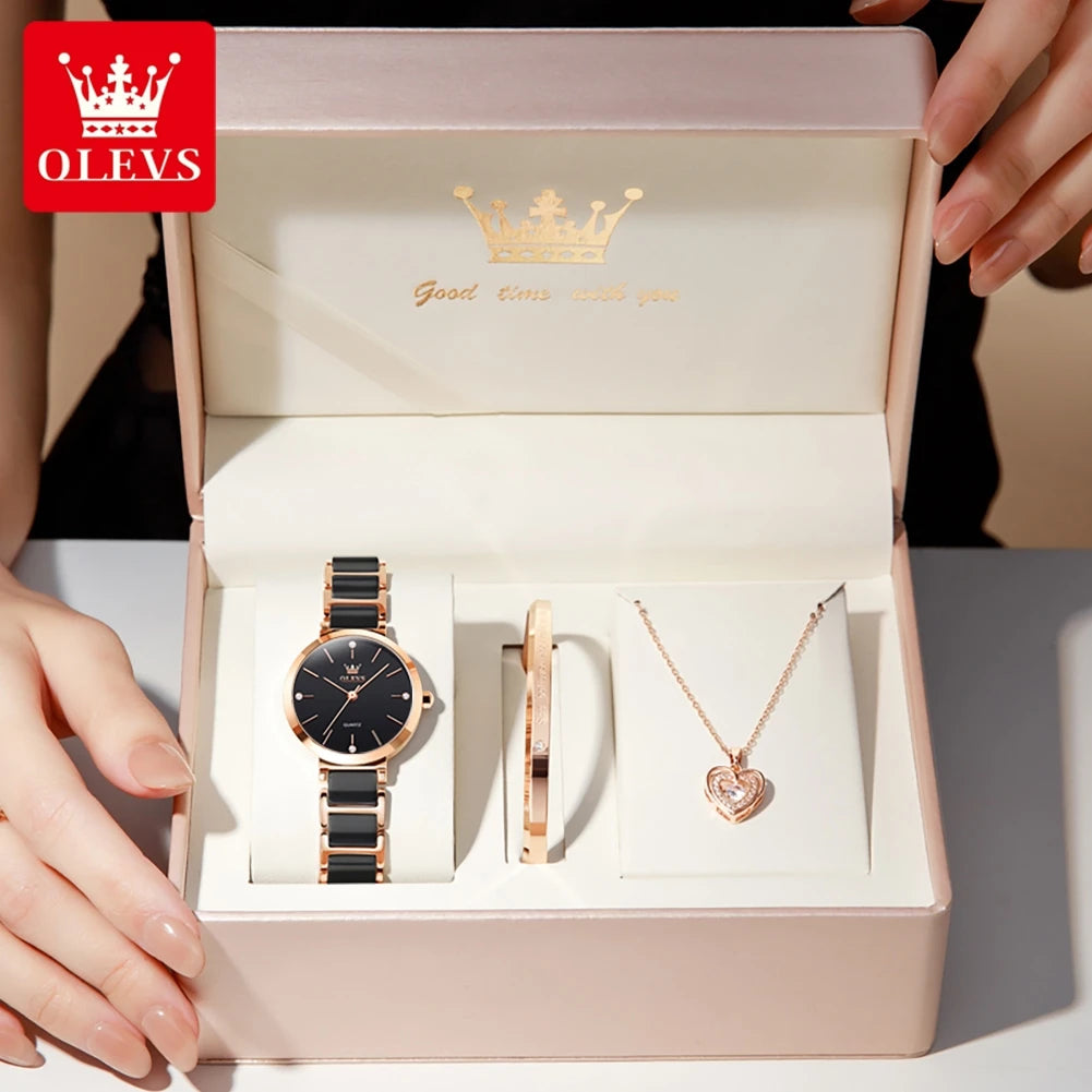 OLEVS 5877 Women Watch Luxury Elegant Brand Quartz Watch Ceramic Strap Waterproof Luminous  Ladies Watch Bracelet Set Original