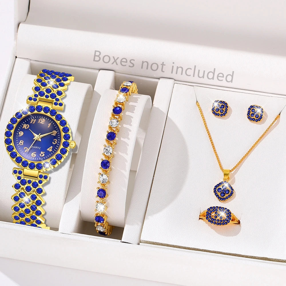 5PCS Blue Women's Watch Set Trendy Fashion Quartz Watch Bracelet Necklace Earrings Set Suitable for Daily Clothing Matching