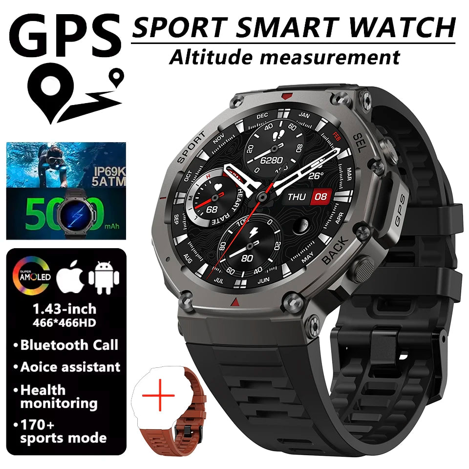 T-Rex 3 Ultra GPS Smart Watch Bulit-in Dual-band GNSS Compass Altimeter Barometric 5ATM IP69K Waterproof AMOLED Call Smartwatch