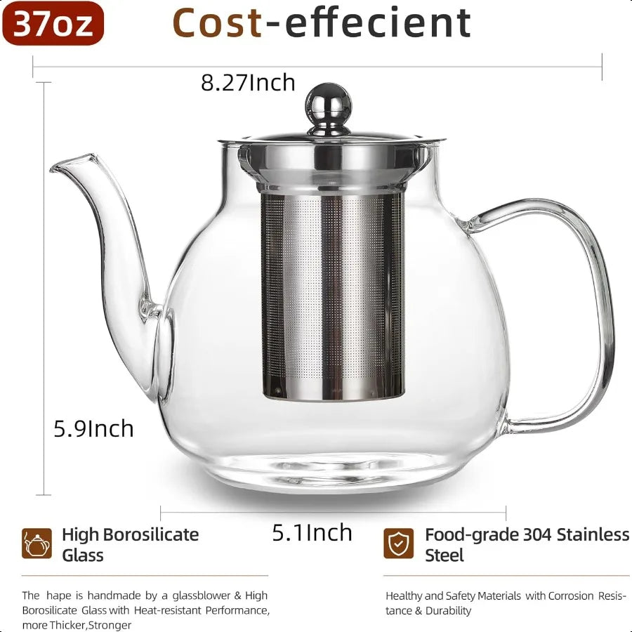 Glass Teapot 37oz 1100ml heat resistant borosilicate Glass Tea Kettle with Removable Stainless Steel Infuser for Blooming and Loo