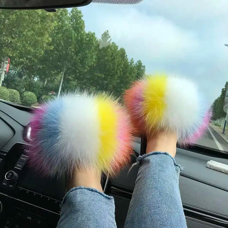 Fur Slippers Women Summer Fluffy Plush Casual Fluffy Flat Non-Slip Real Fox Fur Slides Outdoor Flat Ladies Sandals Flip Flops