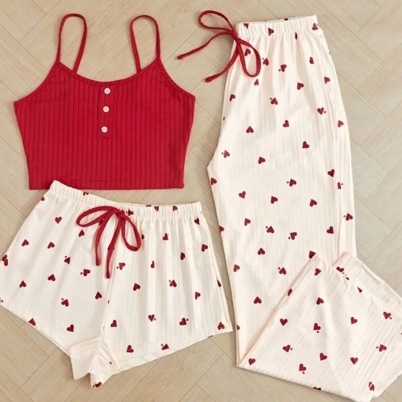 3pcs Women's Pajamas Heart-shaped Printed Vest Shorts And Pants Paired With Ribbed Fabric
