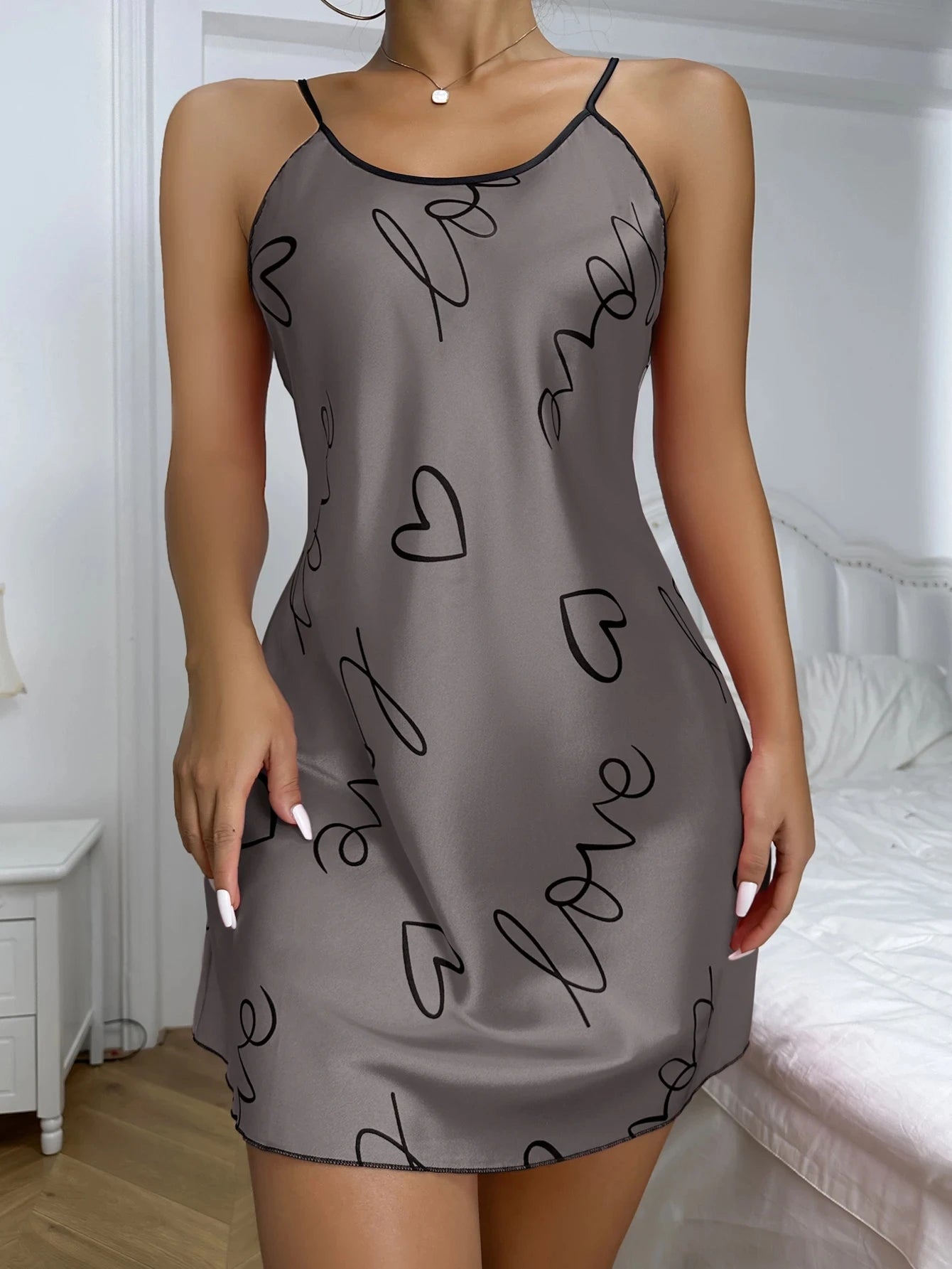 Heart Print Nightdress Elegant Scoop Neck Criss Cross Sleep Wear