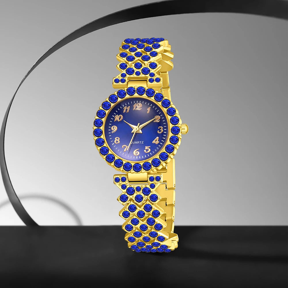 5PCS Blue Women's Watch Set Trendy Fashion Quartz Watch Bracelet Necklace Earrings Set Suitable for Daily Clothing Matching