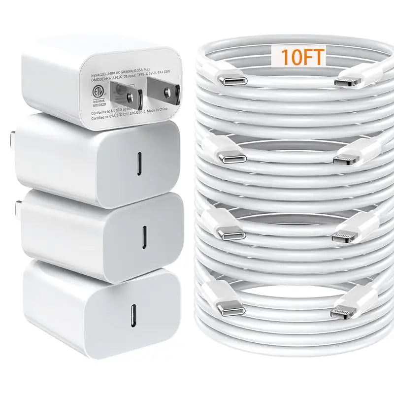 4 Pack 20W USB-C iPhone Fast Charger with Lightning Cable - [MFi Certified] Fast Charger