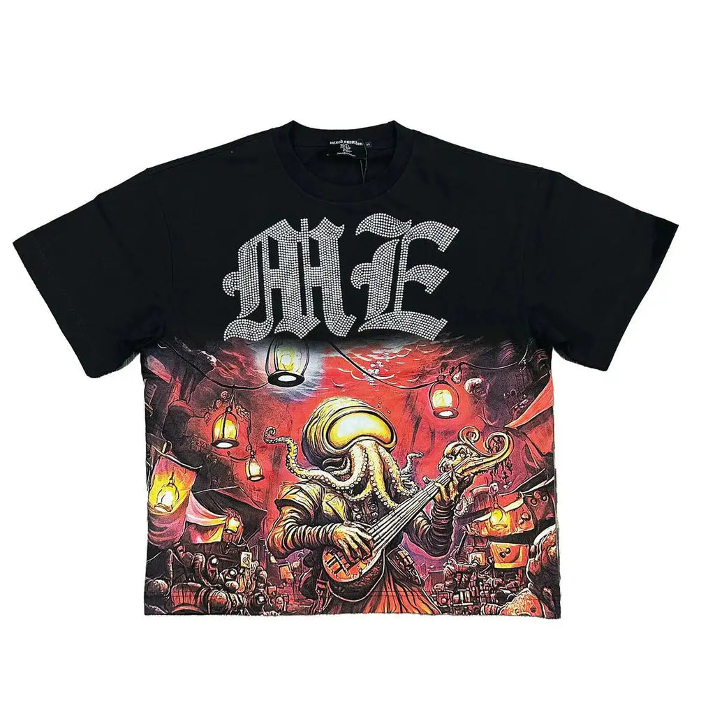 Mixed Emotion Letter Rhinestone Short Sleeve T-shirts Pure Cotton Loose Crew Neck