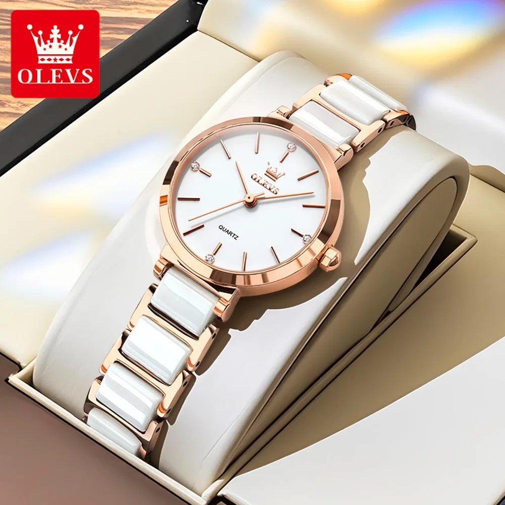 OLEVS 5877 Women Watch Luxury Elegant Brand Quartz Watch Ceramic Strap Waterproof Luminous  Ladies Watch Bracelet Set Original