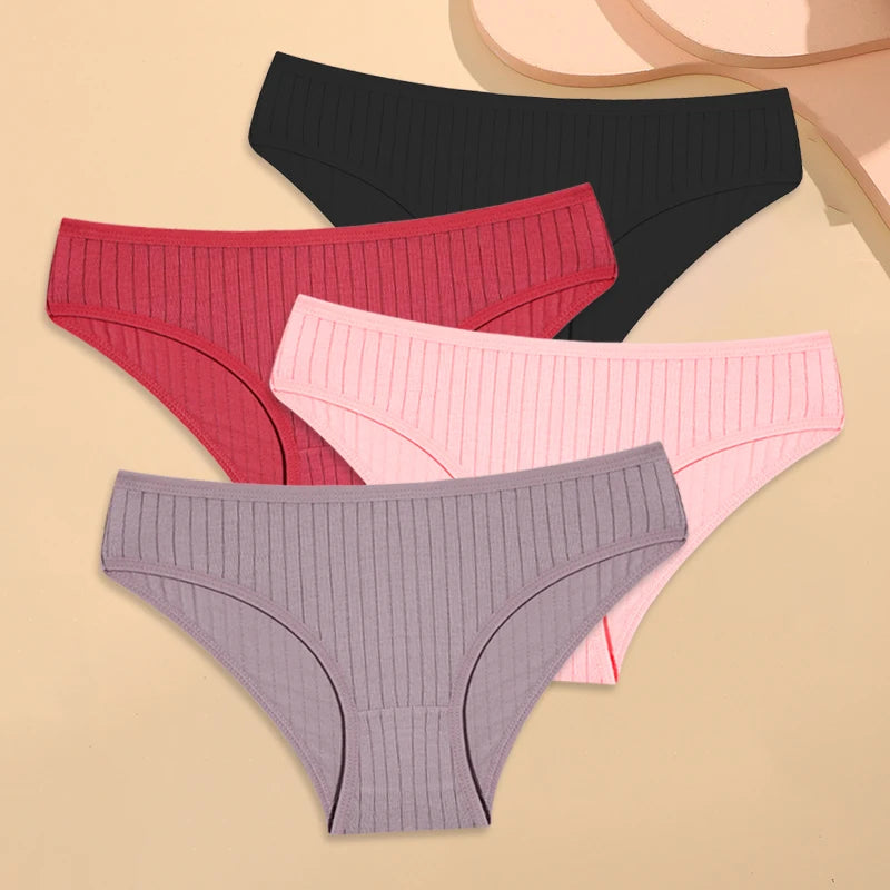 4PCS Cotton Women's Breathable Underwear Sexy Striped Panties Plus Size Low-Waist Briefs Female Comfortable Sport Lingerie S-XXL