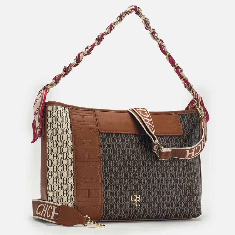 CH Fashion Chain Block Letter Print Wrap Silk Scarf Tote Bag Classic Square Shoulder Bag