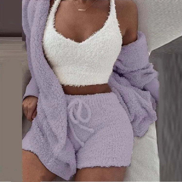 Fluffy Pajamas Set Casual Sleepwear Shorts 3 Pieces Pijamas