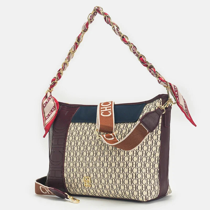 CH Fashion Chain Block Letter Print Wrap Silk Scarf Tote Bag Classic Square Shoulder Bag