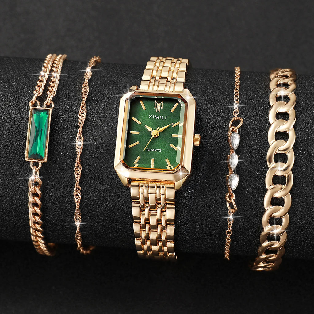 5pcs/set Women's Luxury Exquisite Watch Fashion Retro Quartz Analog Watch With Bracelet Set Gift for Girls (Box Not Included)