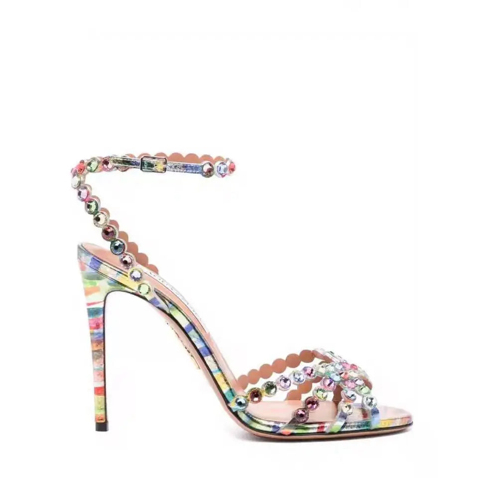 European And American New Single buckle High-heeled Multi Colored Rhinestone Fish Mouth Sandals Women's Fashion Banquet Shoes