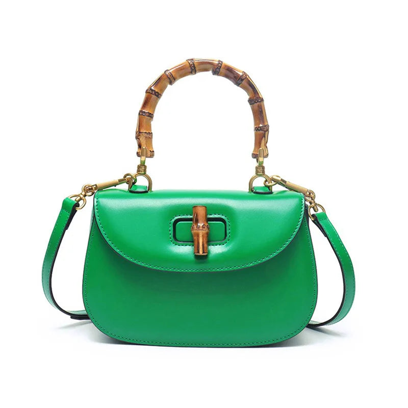 Genuine leather bamboo handle saddle bag 2025 niche design cowhide high-end single-shoulder cross-span bag fashion women haadbag