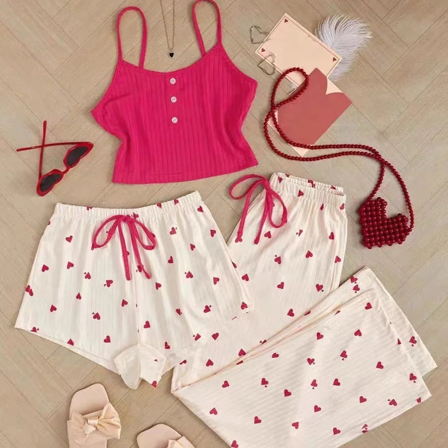 3pcs Women's Pajamas Heart-shaped Printed Vest Shorts And Pants Paired With Ribbed Fabric