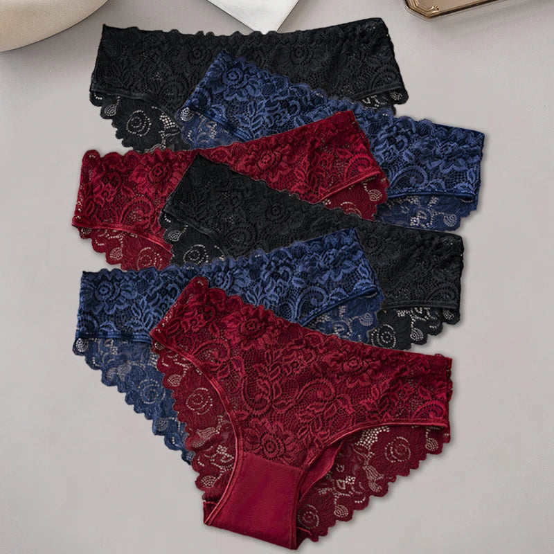 6PCS Cotton Lace Panties Set Solid Color Floral Hollow Out Sexy Women's Briefs Breathable Comfy Female Underwear Lingerie