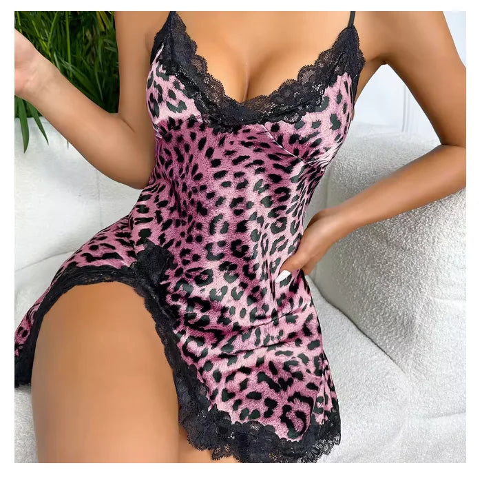 Lace Trim Leopard Nightdress V Neck Backless Side Split Slip