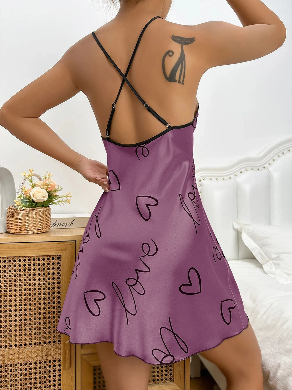 Heart Print Nightdress Elegant Scoop Neck Criss Cross Sleep Wear