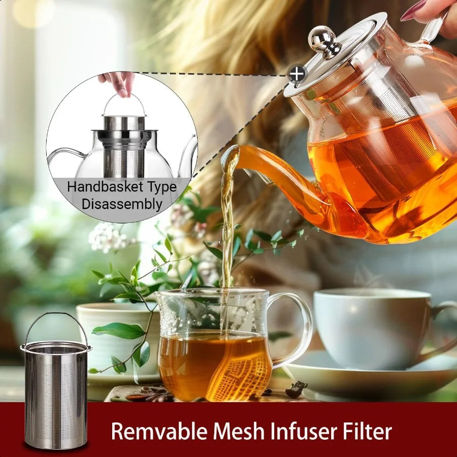 Glass Teapot 37oz 1100ml heat resistant borosilicate Glass Tea Kettle with Removable Stainless Steel Infuser for Blooming and Loo