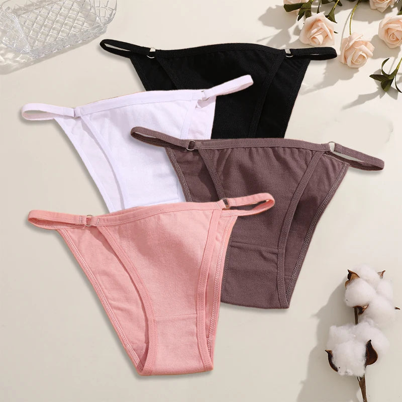 FINETOO 4Pcs Women's Cotton Panties Sexy Metal Ring Waist Underwear Solid Breathable Panties Ladies Soft Briefs Comfort Lingerie