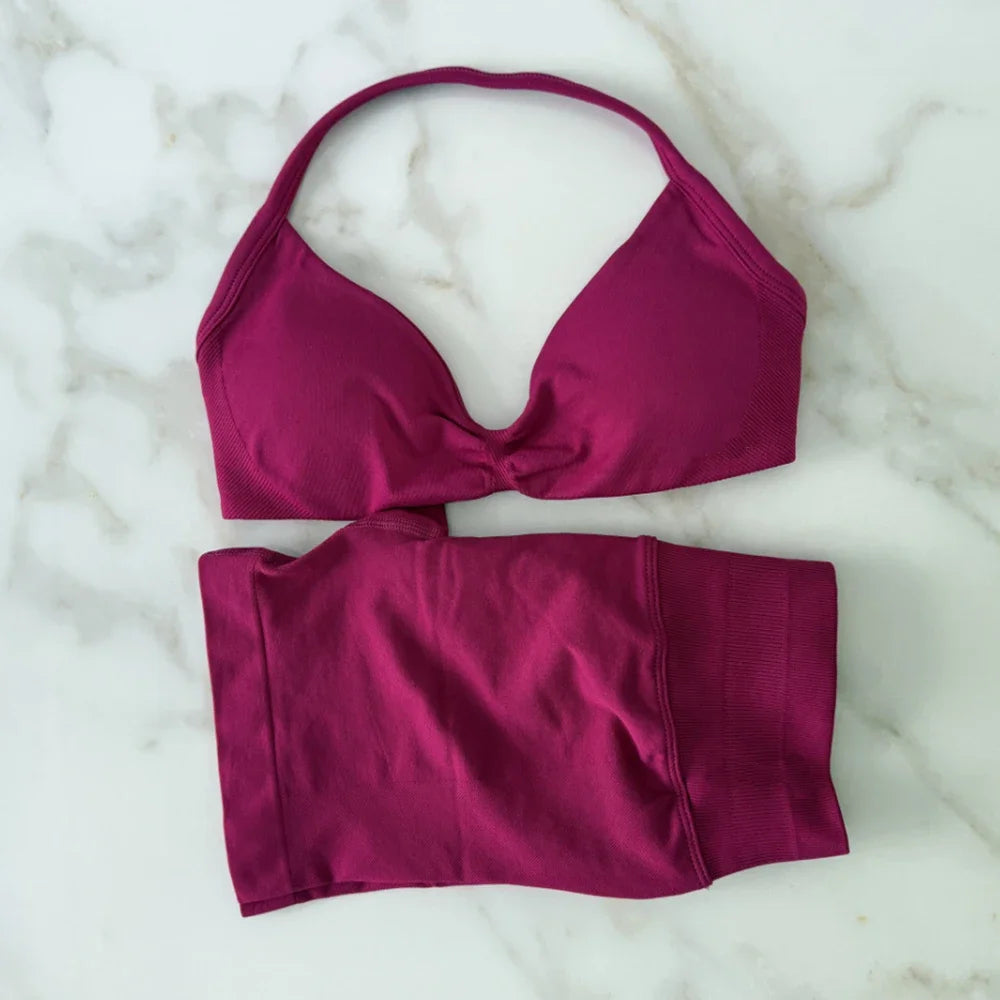 Impact Gym Set Women Two Piece Strappy Yoga Bra Top Workout Scrunch Shorts Suit Fitness Clothes Seamless Sportswear Workout Set