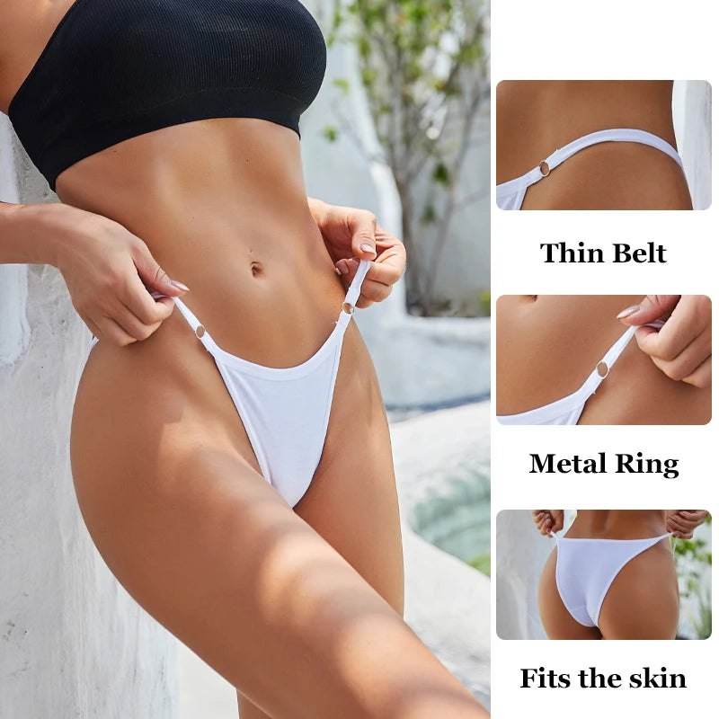FINETOO 4Pcs Women's Cotton Panties Sexy Metal Ring Waist Underwear Solid Breathable Panties Ladies Soft Briefs Comfort Lingerie