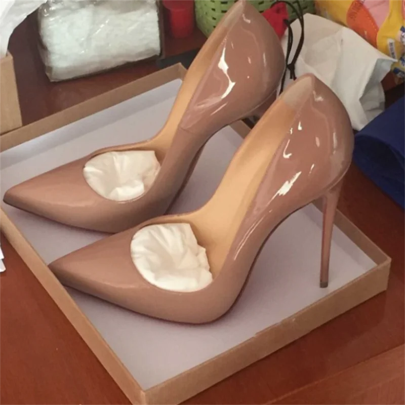 Classic Style Women Patent Pointed Toe Slip On 12cm High Heel Shoes Elegant Ladies Plain Stiletto Pumps Black Red White