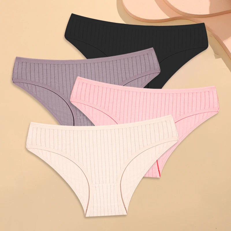4PCS Cotton Women's Breathable Underwear Sexy Striped Panties Plus Size Low-Waist Briefs Female Comfortable Sport Lingerie S-XXL