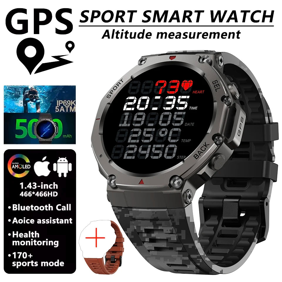 T-Rex 3 Ultra GPS Smart Watch Bulit-in Dual-band GNSS Compass Altimeter Barometric 5ATM IP69K Waterproof AMOLED Call Smartwatch