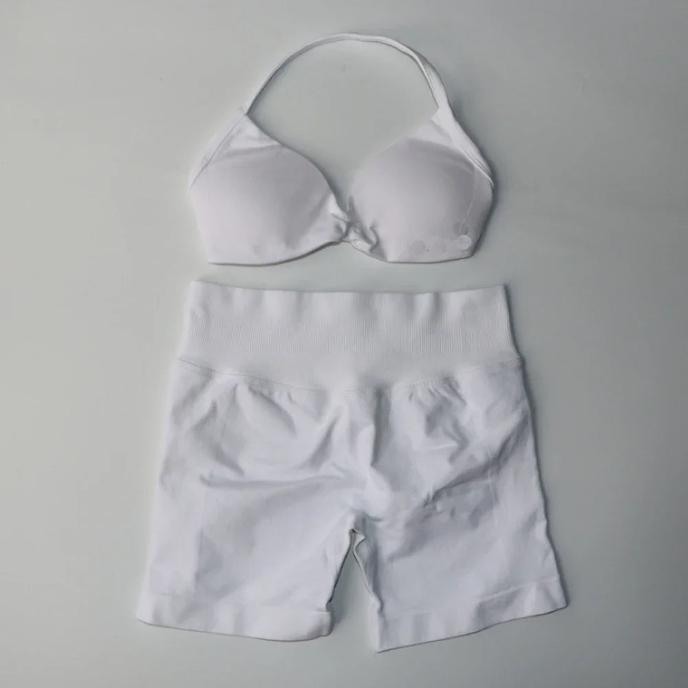 Impact Gym Set Women Two Piece Strappy Yoga Bra Top Workout Scrunch Shorts Suit Fitness Clothes Seamless Sportswear Workout Set
