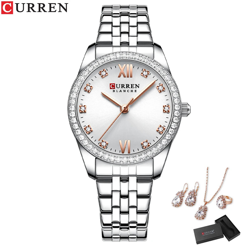 CURREN Luxury Watch Women Ring Necklace Earrings Rhinestone Fashion Wristwatch Female Casual Ladies Watches Bracelet 5PCS Set