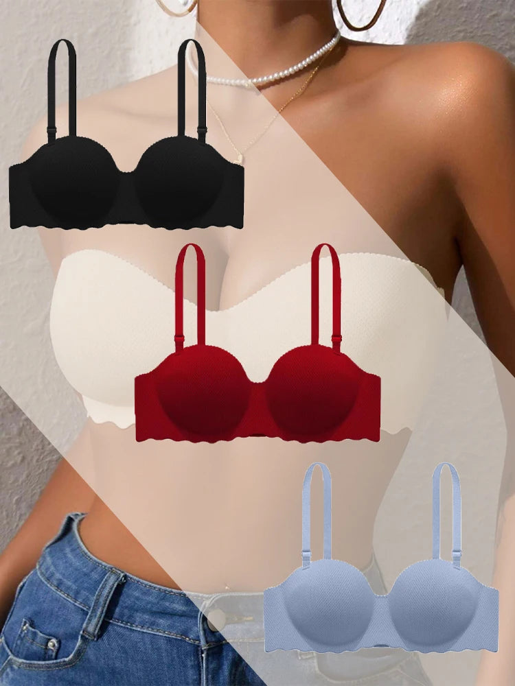 3PCS Women Push Up Backless Bras Sexy Wireless Solid Lingerie Female Detachable Straps Design For Party Wedding Gather Bralette